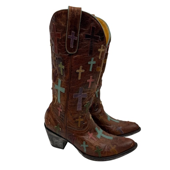 Old Gringo Ooh My God Brown Leather Cross Detail Cowboy Boots Western Sz 7